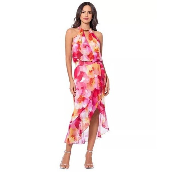 Xscape Women's Size 16 Pink Chiffon Floral Halter Sleeveless A-Line Midi Dress - Picture 1 of 15